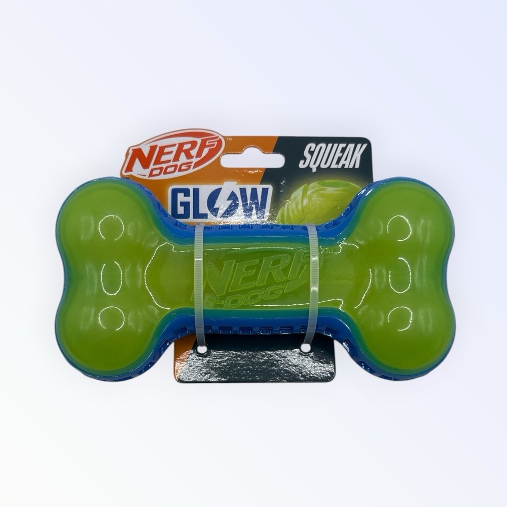 Nerf Dog NF-6242 Glow Squeaky Bone Toy Durable Lime Green Dog Toy‎ Brand New